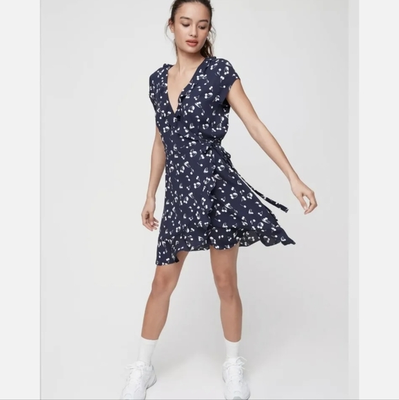 Aritzia Dresses & Skirts - Aritzia Sunday Best Blue Cherry Print Savoy Wrap Surplice Ruffled Mini Dress 6